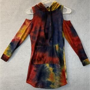 Tove Dress Womens Small Multicolor Tie Dye Hooded Cold Shoulder Fleece Mini